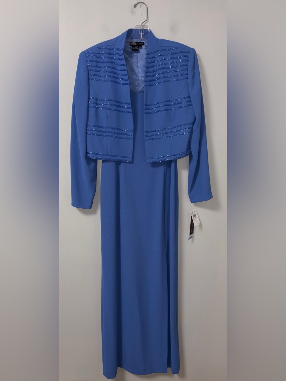 NWT Vtg Rimini by Shaw Periwinkle Blue 2 Pc Maxi Dress Beaded Cropped Jacket 6